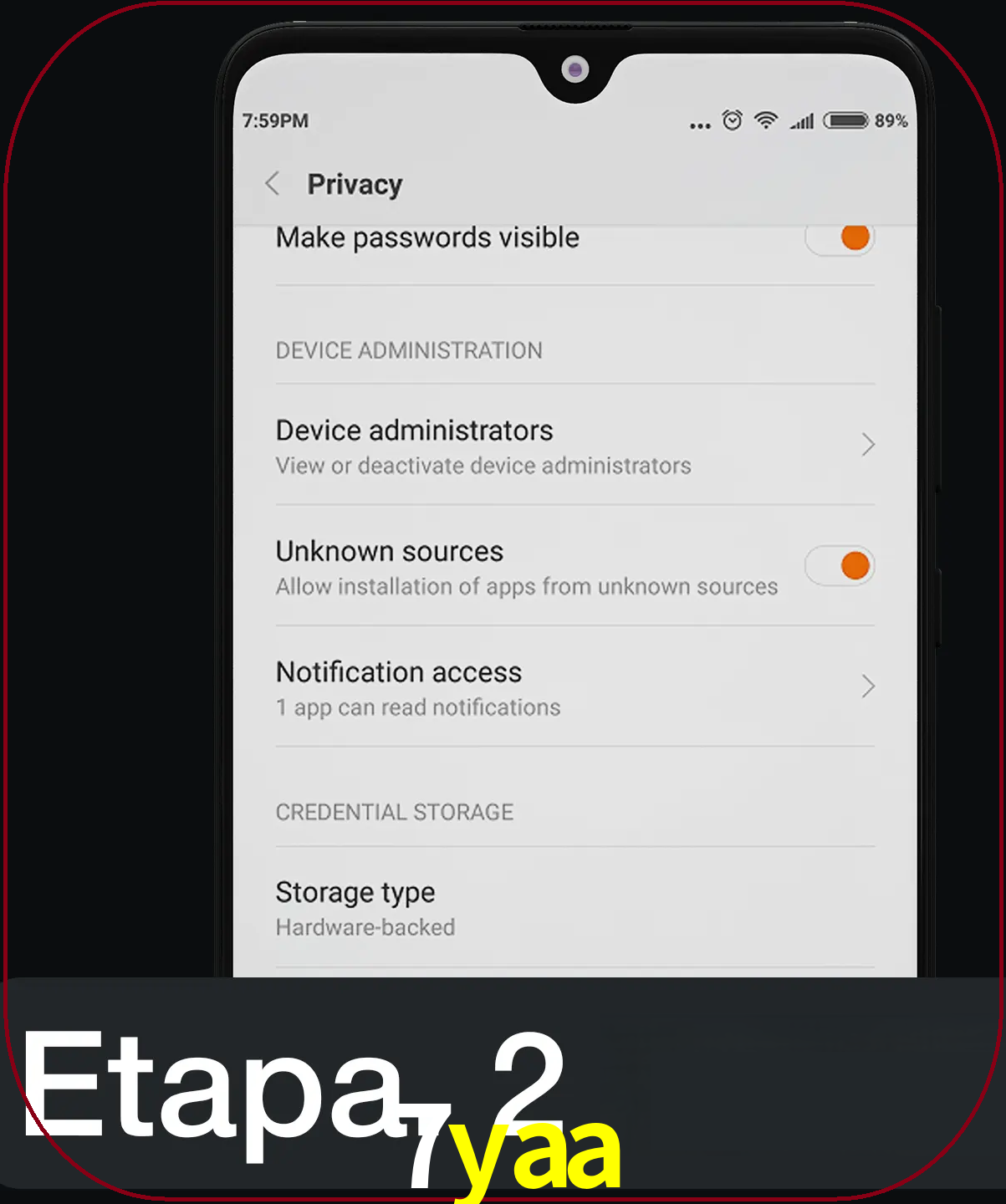 Desabilitar opção de fontes desconhecidas.